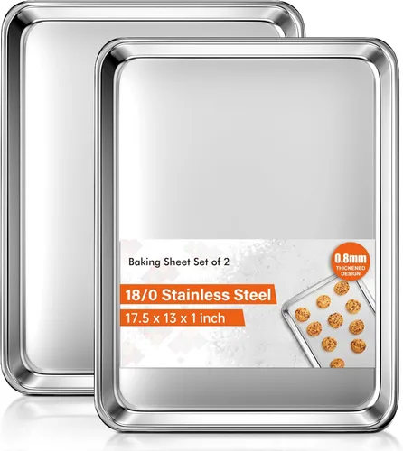 Juego de Bandejas para Hornear de 2, Hojas de Galletas Comerciales de Acero Inoxidable para Hornear, Bandejas Grandes para Horno de 18 x 13 Pulgadas