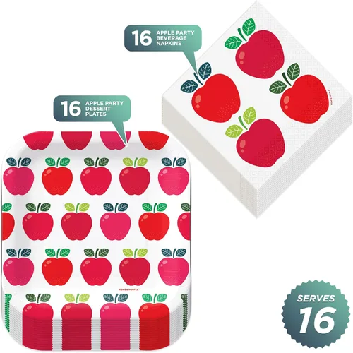 Miniatura 2 de HOME & HOOPLA Apple Party Supplies – Platos y servilletas de papel cuadrado de manzana roja (sirve 16) – Vajilla temática de manzana, otoño