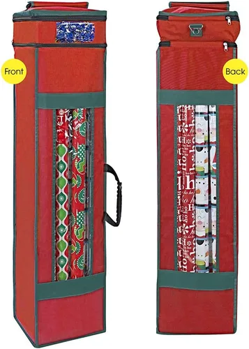 Miniatura 10 de ProPik Bolsa organizadora de almacenamiento de papel de regalo navideño con bolsillo y asas, incluyendo lazo para colgar, material resistente
