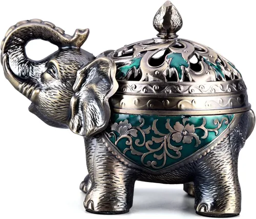 K COOL Soporte de metal para incienso de reflujo de elefante, quemador de incienso, portavelas con tapa, adorno de aromaterapia, decoración de Verde
