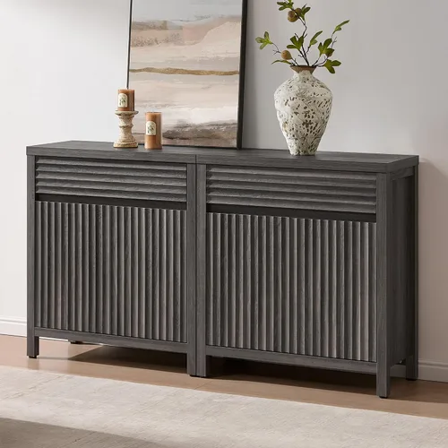Miniatura 11 de SICOTAS - Aparador de buffet con cajón - Aparador estriado moderno con puertas y estantes ajustables, credenza de estilo casa de campo para barra