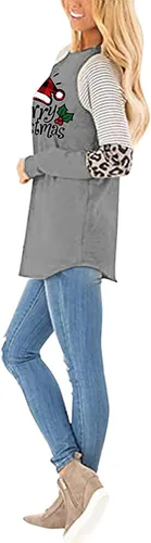 Miniatura 3 de UODSVP Womens Costumes Fashion Christmas Print Splicing Long Sleeve Round Neck Loose Tops