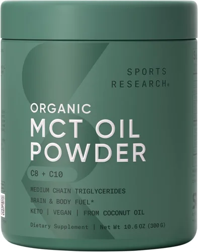 Sports Research Aceite MCT Orgánico en Polvo – Keto y Vegano MCTs C8, C10 de Cocos – Combustible de Ácidos Grasos para Cerebro y Cuerpo, Sin OMG y