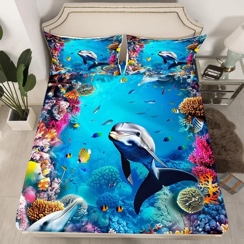 Miniatura 23 de Sábana bajera ajustable de tamaño individual para niños, diseño de animales marinos náuticos, juego de ropa de cama coral bajo el mar, juego de ropa