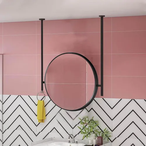 Espejo redondo montado en el techo para baño, espejo de pared, espejo de barra colgante de techo, espejo de marco de metal negro, espejo decorativo