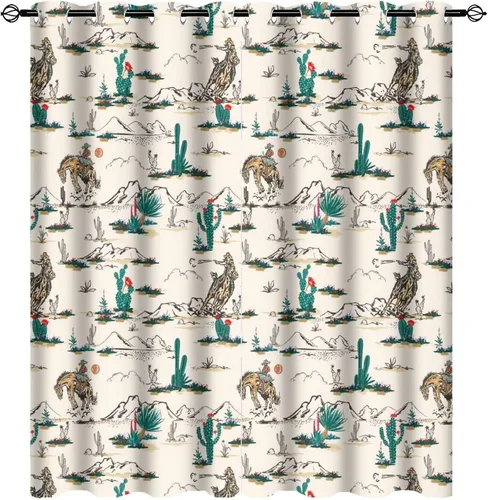 Miniatura 14 de Cortinas opacas retro de vaquero occidental para dormitorio, estilo rústico, cactus, salvaje oeste, vaquero, paseo, caballo, con ojales, aislamiento