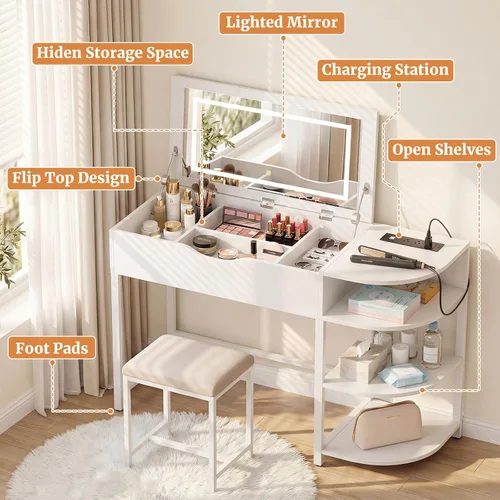 Miniatura 7 de Cyclysio - Escritorio de tocador con espejo abatible y luces, escritorio de tocador de maquillaje con cajones, mesa de vestir con estantes