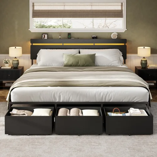 Miniatura 14 de Forestell - Marcos de cama individual con cabecera de madera, cama plataforma negra con 2 cajones de almacenamiento y estante, estación de carga