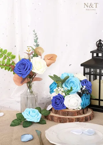 Miniatura 199 de N&T NIETING Flores artificiales, rosas artificiales de color rosa intenso, 50 piezas de flores falsas con tallo para ramos de boda DIY, centros