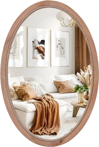 Miniatura 10 de Sawsile - Espejo redondo de madera, espejo circular rústico de 61 cm con marco de madera natural estilo granja y cuentas boho para pared, para baño