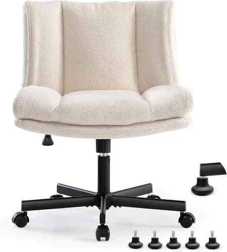 LEAGOO Silla cruzada con ruedas, silla de maquillaje sin brazos con asiento ancho peludo, silla de tocador ajustable en altura, convertible entre