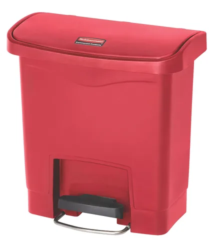 Rubbermaid Commercial Products - Bote de basura Streamline Slim con pedal | Papelera de plástico, 4 galones (15 litros), color rojo, con manos