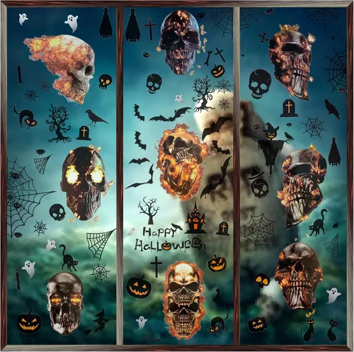Miniatura 7 de Decoraciones de Halloween para ventana, 9 hojas, 90 unidades, calcomanías de huellas de manos sangrientas con 10 calcomanías de tatuaje, calcomanías