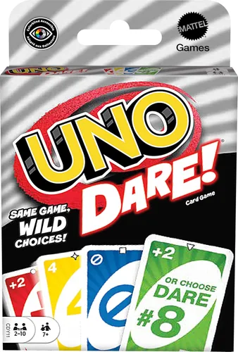 Mattel Games Juego de cartas UNO Dare para familias y fiestas con desafíos desafiantes y tontos de 3 categorías diferentes