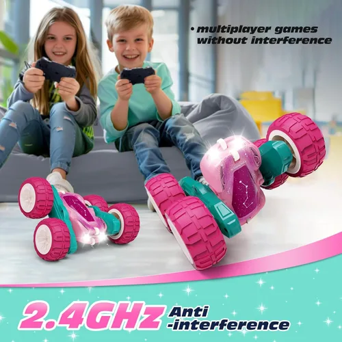 Miniatura 5 de Tecnock - Auto a control remoto rosa para niñas y niños, autos RC de 2.4GHz con carga fácil USB-C, 4WD de doble cara que gira 360° y hace