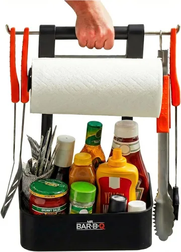 Mr. Bar-B-Q Carrito plegable para barbacoa con gancho extendido, almacena todos los accesorios de parrilla en un solo lugar, organizador de barbacoa