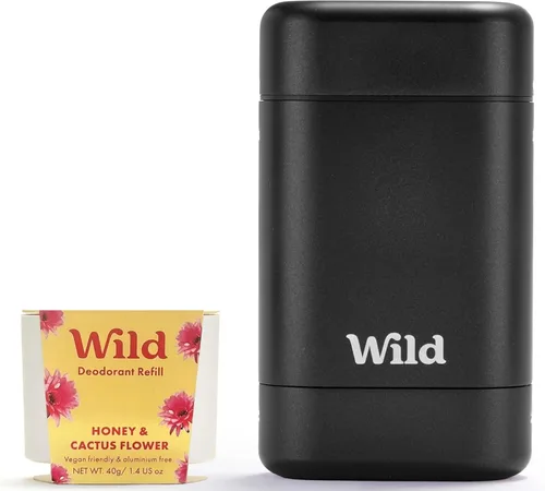 Wild Kit de iniciación de desodorante recargable con estuche negro y recambio perfumado de miel y flor de cactus, 1.4 onzas, sin aluminio,