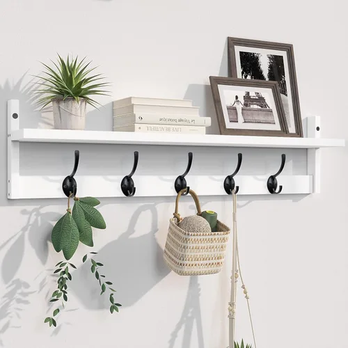 Miniatura 10 de BAMEOS Ganchos de pared de 35" L con estante, ganchos para abrigos de entrada, estante de madera para colgar en la pared, perchero montado en pared