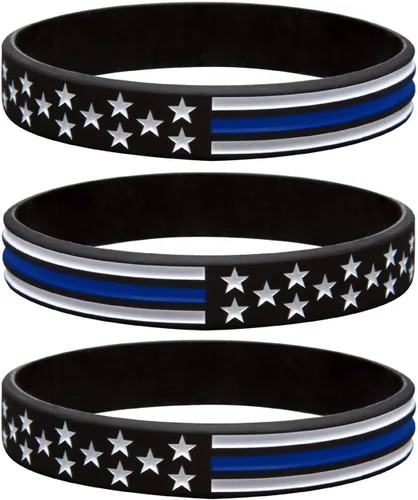 Sainstone Pulsera de policía con bandera estadounidense de línea azul fina, juego de pulseras de goma de silicona Blue Lives Matter, apoyo a las