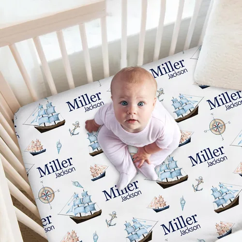 Miniatura 2 de Juego de ropa de cama personalizada para niños y niñas, juego de 2 piezas con edredón para cuna y sábanas bajeras Barco Náutico