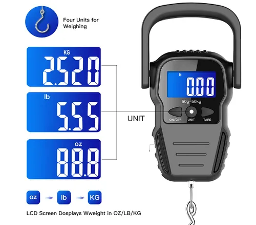Miniatura 3 de Báscula digital de pescado báscula de equipaje báscula de gancho para colgar peso pantalla LCD retroiluminada de 1102lbs bolsa impermeable