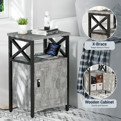 Miniatura 5 de runjuly Mesita de noche de madera con cerradura, mesa auxiliar de cama con cajones, mesita de noche con estación de carga, 3 USB y 2 tomas, mesita