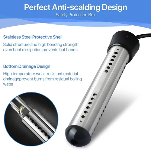 Miniatura 4 de Calentador de agua de inmersión de 2000 W con protector 304 SS calienta rápidamente hasta 5 galones de agua en minutos, calentador de agua portátil