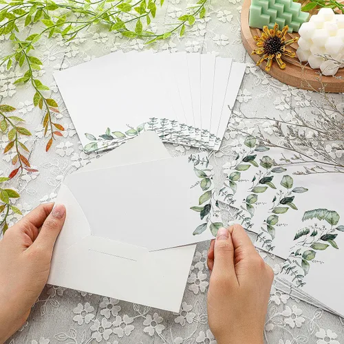 Miniatura 4 de Juego de 100 cartulina verde con sobres de 4 x 6 pulgadas, tarjetas de felicitación decorativas de flores en acuarela con hojas verdes para boda