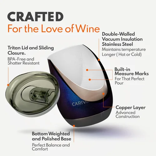 Miniatura 6 de Carivino Vaso de vino de lujo con interior de cerámica, base de corcho genuino y tapa Tritan, aislamiento al vacío de acero inoxidable avanzado
