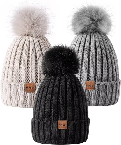 MSDC Beanie for Women with Pom Pom 3 Pack Winter Hats for Women Fashion Knit Warm Skull Cap Womens Beanie for Cold Weather