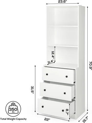 Miniatura 2 de VOWNER Archivador vertical, estantería moderna de 3 niveles con 3 cajones grandes, archivador de madera con estante de almacenamiento abierto
