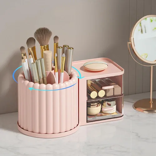 Miniatura 2 de Organizador de Maquillaje para Encimera, Soporte Giratorio 360° para Brochas de Maquillaje con 2 Cajones, Pequeño Organizador Preppy 9.25x5.11