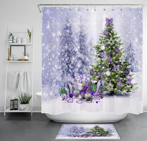 Miniatura 21 de EOBTAIN Cortina de ducha de hojas verdes de Navidad para baño, ramas de piña y abeto con bayas rojas sobre negro, cortina de ducha con 12 ganchos