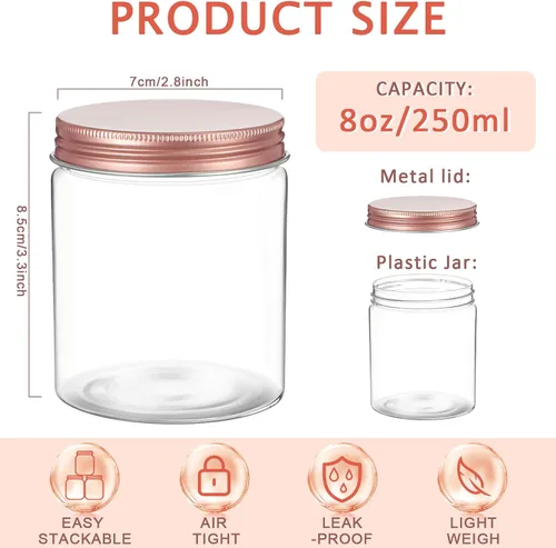 Miniatura 2 de Hushee 24 tarros de plástico de 8 onzas con tapas, tarros redondos transparentes para alimentos con tapas de oro rosa, tarros de plástico apilables