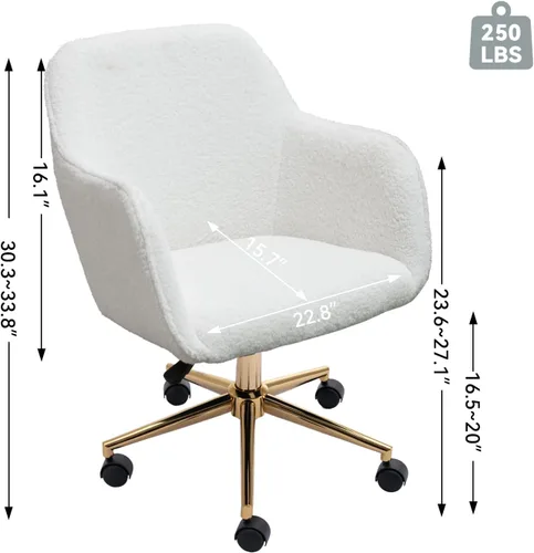 Miniatura 3 de Silla de oficina en casa de tela de peluche, bonita silla giratoria de escritorio con ruedas, moderna silla de tocador ajustable con base dorada
