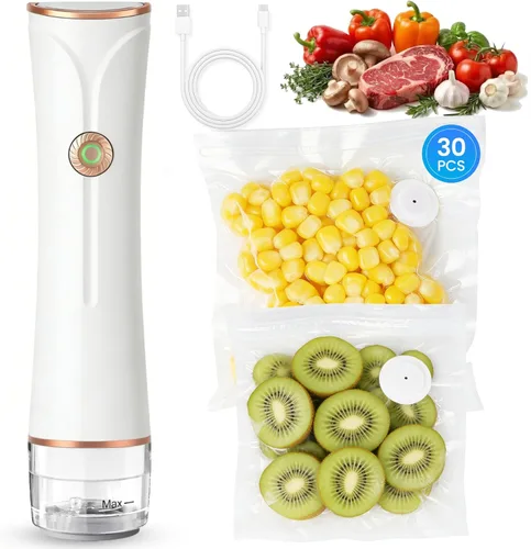 Sellador al vacío compacto para alimentos con tanque visible, máquina selladora al vacío de mano, incluye 30 bolsas reutilizables, sella alimentos 6