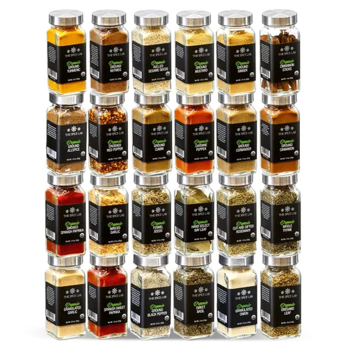 The Spice Lab Ultimate Organic Spices and Seasonings Set - 24 tarros franceses de inicio Kit de especias para cocinar, asar a la parrilla y barbacoa