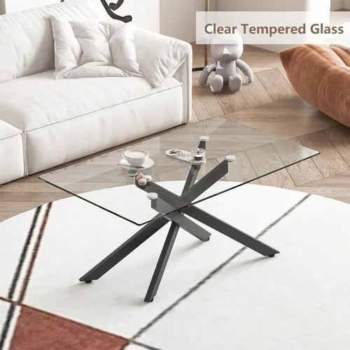 Miniatura 4 de Mesa de centro de cristal para sala de estar, moderna rectangular con parte superior de vidrio templado transparente y patas de metal, mesas de Negro