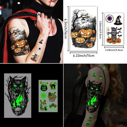Miniatura 3 de 39 hojas de tatuajes temporales que brillan en Halloween para mujeres y hombres, esqueleto de la muerte, cráneo negro, sombreros negros, escobas