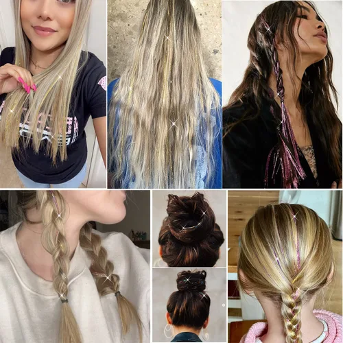 Miniatura 7 de Kit de oropel de cabello con clip, 23.6 pulgadas, oropel dorado resistente al calor, extensiones de cabello de hada con clip, accesorios