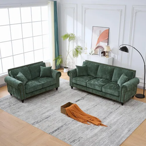 Miniatura 4 de Juego de sofá moderno y sofá biplaza Chesterfield de chenilla de lujo, cómodo juego de sofá tapizado con asiento profundo con reposabrazos Verde