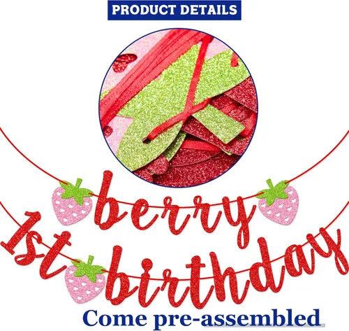 Miniatura 4 de Banner de primer cumpleaños de bayas, pancarta de fresa con purpurina, decoración de primer cumpleaños (rojo)