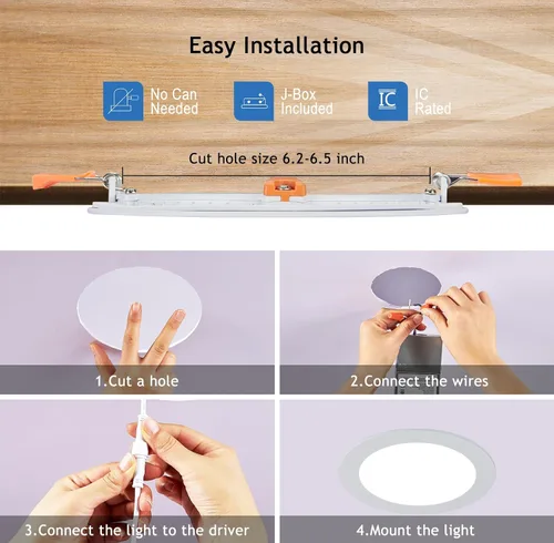 Miniatura 8 de CycevSun Luz LED empotrable de 6 pulgadas, iluminación de oblea, regulable y 3000 K, 4000 K, 5000 K, seleccionable, 12 W, 120 V, clasificación IC