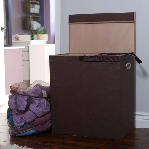 Miniatura 2 de Household Essentials Cesta doble para ropa sucia con tapa, dos compartimentos para una fácil clasificación con forro extraíble, plegable, lino marrón