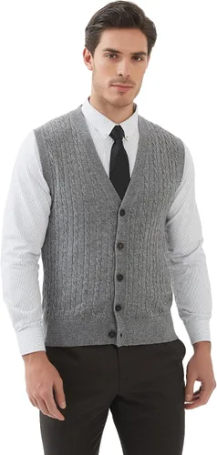 Miniatura 9 de Kallspin Suéter de punto trenzado para hombre, chaleco de mezcla de lana, cuello en V, con botones, sin mangas