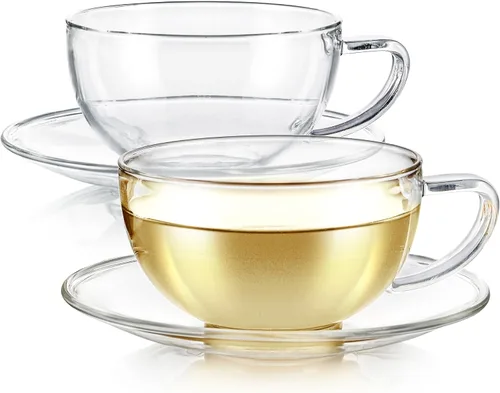Teabloom Kyoto Juego de taza de té y platillo, paquete de 2 unidades, tamaño estándar de taza de té, capacidad de 6 onzas, diseño transparente,