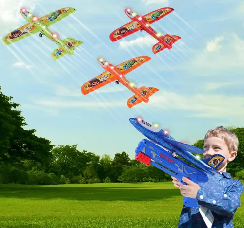 Miniatura 12 de Paquete de 3 lanzadores de aviones de juguete para niños, planeador de espuma ligera LED con lanzador de avión para jugar al aire libre, juguete