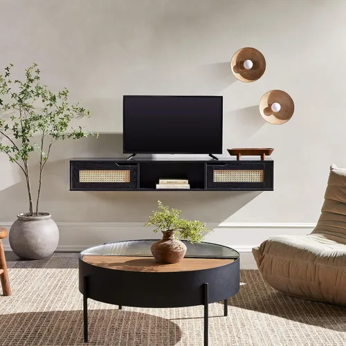 Miniatura 3 de Walker Edison Destin Modern Soporte para TV Flotante de Ratán con Puerta Abatible Montado en Pared para TVs de hasta 65 Pulgadas, 58 Pulgadas, Negro