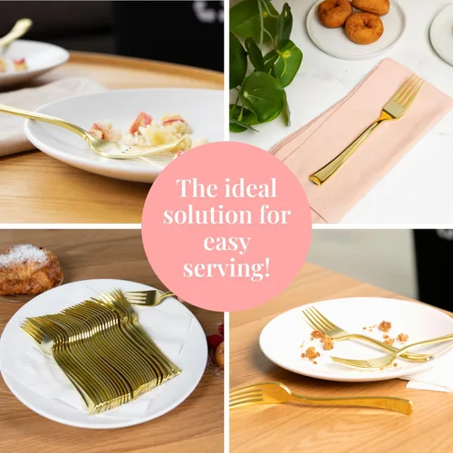 Miniatura 6 de Prestee 100 tenedores de plástico – Utensilios de cubiertos de plástico dorado resistentes de 7 pulgadas – Tenedores dorados elegantes y desechables