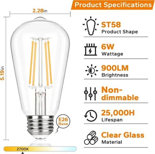 Miniatura 3 de TOBUSA Bombillas LED Edison vintage equivalentes a 60 W, bombillas LED superbrillantes de 900 lúmenes, bombillas de filamento LED antiguas ST58 de 6